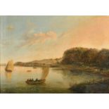 Early 19th Century English School. A River Landscape with Figures in a Sailing Boat, Oil on