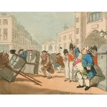 After Thomas Rowlandson (1756-1827) British. "The Chairmen's Terror", Print in Colours, 7" x 9.