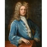 18th Century English School. Half Length Portrait of a Wigged Gentleman wearing a Blue Coat, Oil