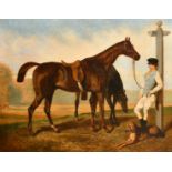 Circle of Alfred de Dreux (1810-1860) French. A Jockey and Horses by a Distance Post with a Dog by