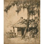 Devitt Welsh (1888-1942) American. Figures by a Cottage, Etching, Signed in Pencil, 4.75" x 4" (12 x