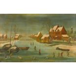 Manner of Jan Griffier (c.1652-1718) Dutch. A Winter Skating Scene, Oil on Panel, 12.25" x 18.75" (