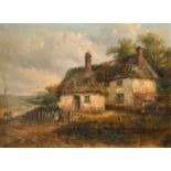 Thomas Smythe (1825-1906) British. A Landscape with a Lady by a Thatched Cottage, Oil on Canvas,