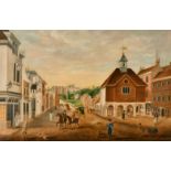 J. Fisher (c.1826-1834) British. "Street Scene at Farnham, c.1826", Oil on Canvas, Inscribed on