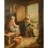 Mark William Langlois (1848-1924) British. Children by a Cottage Door, Oil on Canvas, Signed, 30"