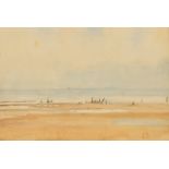 Late 19th Century English School. A Beach Scene with distant Figures, Watercolour, Signed with