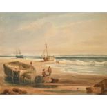19th Century English School. A Beach Scene with Beached Boats and Figures, Watercolour, Unframed 7.