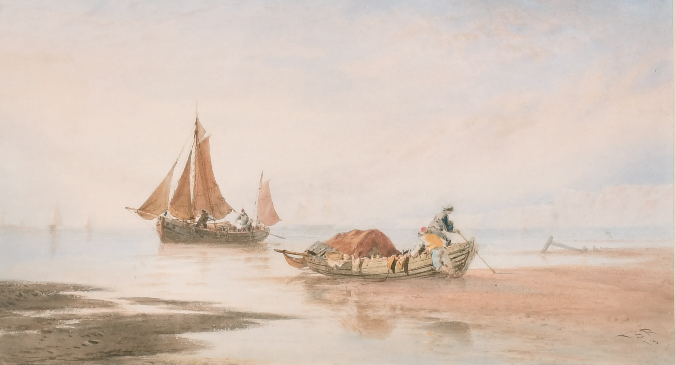 Thomas Sewell Robins (1810-1880) British. 'Sailing Boats on the Shore", Watercolour, Signed with