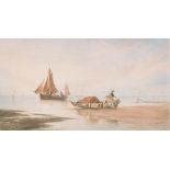 Thomas Sewell Robins (1810-1880) British. 'Sailing Boats on the Shore", Watercolour, Signed with