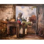 19th Century French School. A Milkmaid with a Cow in a Farm Building, Watercolour, 8.5" x 10.75" (