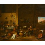 Manner of David Teniers (1610-1690) Flemish. A Kitchen Interior with Figures and Animals, Oil on