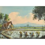 Abu Bakar Ibrahim (1925-1977) Malaysian. Working in the Fields, Watercolour, Signed, 10.75" x 14.75"