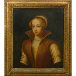 18th Century English School. Bust Portrait of a Tudor Lady, Oil on Canvas, in a carved giltwood