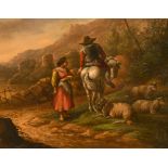 Manner of Nicolaes Berchem (1620-1683) Dutch. Figures on a Path with Sheep, Oil on Panel, 8" x