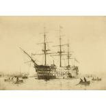 Rowland Langmaid (1897-1956) British. "HMS Victory, Portsmouth", Etching, Signed in Pencil, 6" x 8.