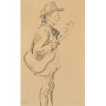 Theophile Alexandre Steinlen (1859-1923) Swiss. Man with Guitar, Ink, Signed with Initials, 6.25"