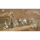 19th Century European School. Figures by a Cottage with a Horse and Cart, Watercolour and