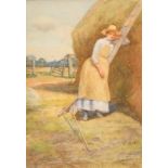 19th Century English School. A Young Girl by a Haystack, Watercolour, Signed with Initials FSP and