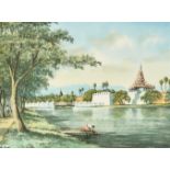 Ba San (20th Century) Burmese. A River Scene possibly at Mandalay, Watercolour, Signed, and