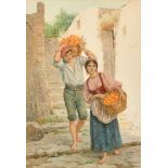 Luigi Olivetti (1856-1941) Italian. The Orange Sellers, Watercolour, Signed and Inscribed 'Roma',