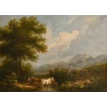 Henry Milbourne (1781-1826) British. Cattle Drovers on a Mountain Path, Oil on Canvas, 23.75" x