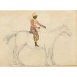 19th Century English School. Study of a Jockey in Silks on Horseback, Watercolour and Pencil, 3.5" x