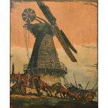 Haydn Reynolds Mackey (1883-1979) British. "Passing the Windmill", Linocut in Colours, Signed, 17" x