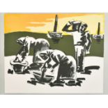 Josef Herman (1872-1944) Polish. "Three Cockle-Picker Figures and Boats", Print in Colours, Signed