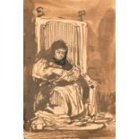 After Rembrandt van Rijn (1606-1669) Dutch. A Seated Figure, Ink and Wash, Unframed 4.25" x 2.75" (