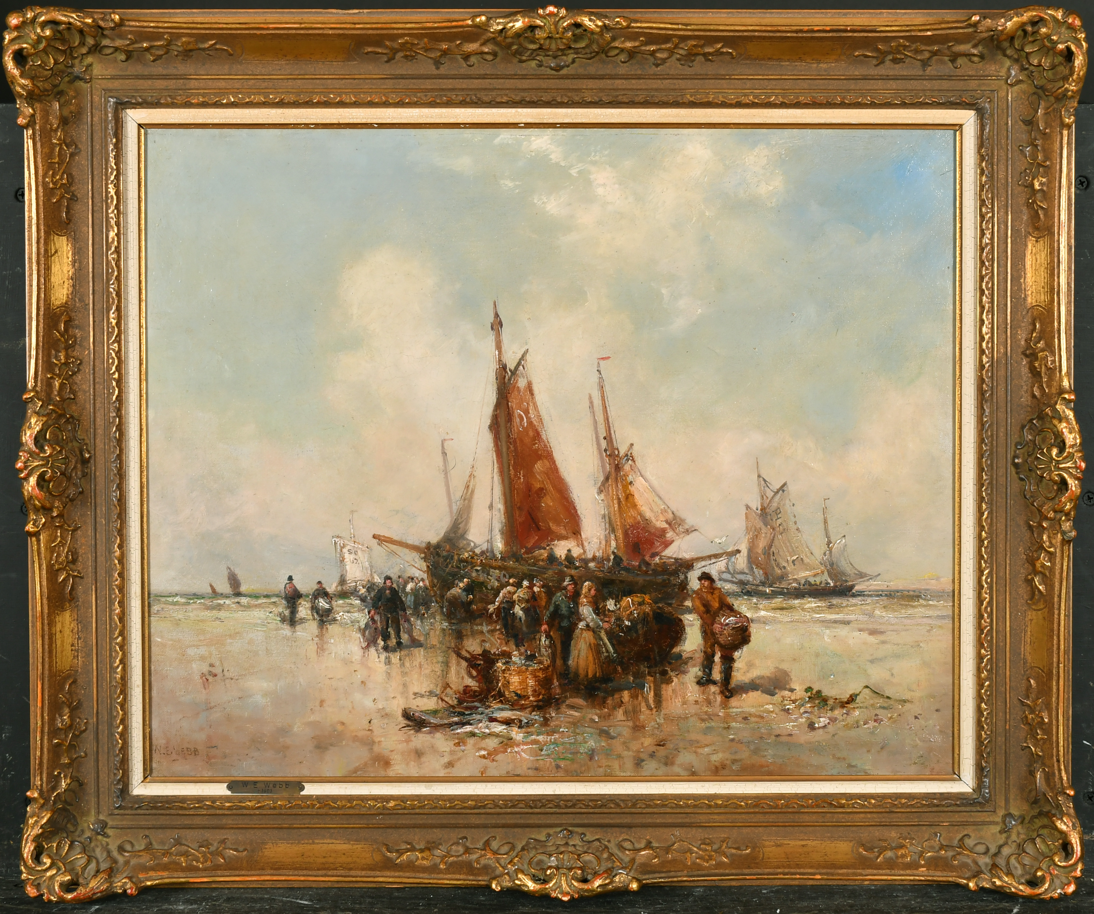William Edward Webb (1862-1903) British. 'Unloading the Catch', Oil on Canvas, Signed, 16" x 20" ( - Image 2 of 4