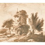 Richard Cooper (1740-1814) British. 'A Ruined Temple with Figures', Ink, Inscribed on a label verso,