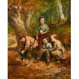 Attributed to Henry Dawson (1811-1878) British. Children playing with a Puppy, Oil on Canvas, Signed