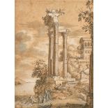 Circle of Claude Lorrain (1600-1682) French. Figures by Ruins, Watercolour, Indistinctly Signed,
