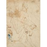 16th Century French School. A Naked Classical Figure with Drapery, Ink, Numbered 92, 4.25" x 3" (