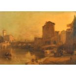 19th Century English School. An Italianate River Landscape, Oil on Canvas, Unframed, 14.5" x 22" (