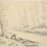 Alphonse Legros (1837-1911) French. A River Landscape with a Man in a Punt, Etching, Signed in