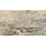 David Cox (1783-1859) British. Figures in the Rain, Watercolour and Grey Wash, Inscribed verso,