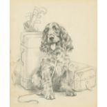 Lucy Dawson (1867-1954) British. Study of a Spaniel by Luggage and a Golf Bag, Pencil, 9.5" x 8" (