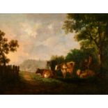 Manner of Charles Towne (1763-1840) British. Figures and Cattle resting by a Tree, Oil on Canvas,