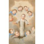 17th Century Italian School. Jesus in Swaddling surrounded by Cherubs, Watercolour on vellum,