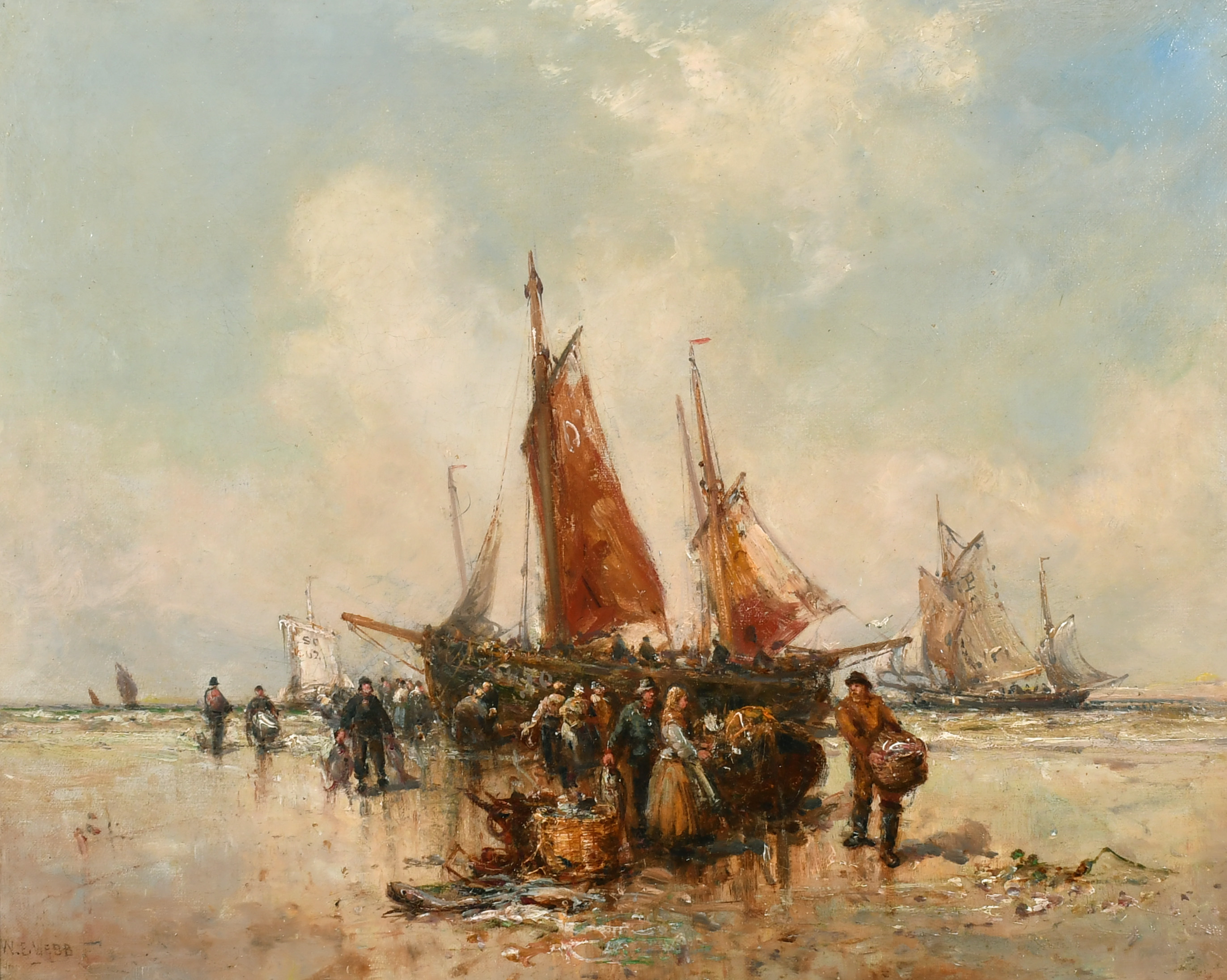 William Edward Webb (1862-1903) British. 'Unloading the Catch', Oil on Canvas, Signed, 16" x 20" (