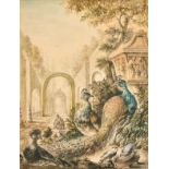 Manner of Jean-Baptiste Oudry (1686-1755) French. Peacocks in a Palatial Garden, Watercolour,