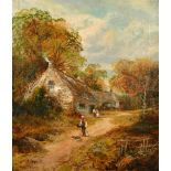 E. Bennett (19th-20th Century) British. Figures by a Cottage, Oil on Canvas, Signed, 14" x 12" (35.5