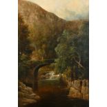 J. Crossly (19th Century) British. A River Landscape with Figures on a Bridge, Oil on Board,