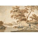 18th Century Dutch School. A River Landscape with a Figure and Dog, Watercolour, Indistinctly