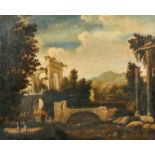 18th Century Italian School. Figures in a Capriccio Landscape, Oil on Canvas, Unframed 10.75" x