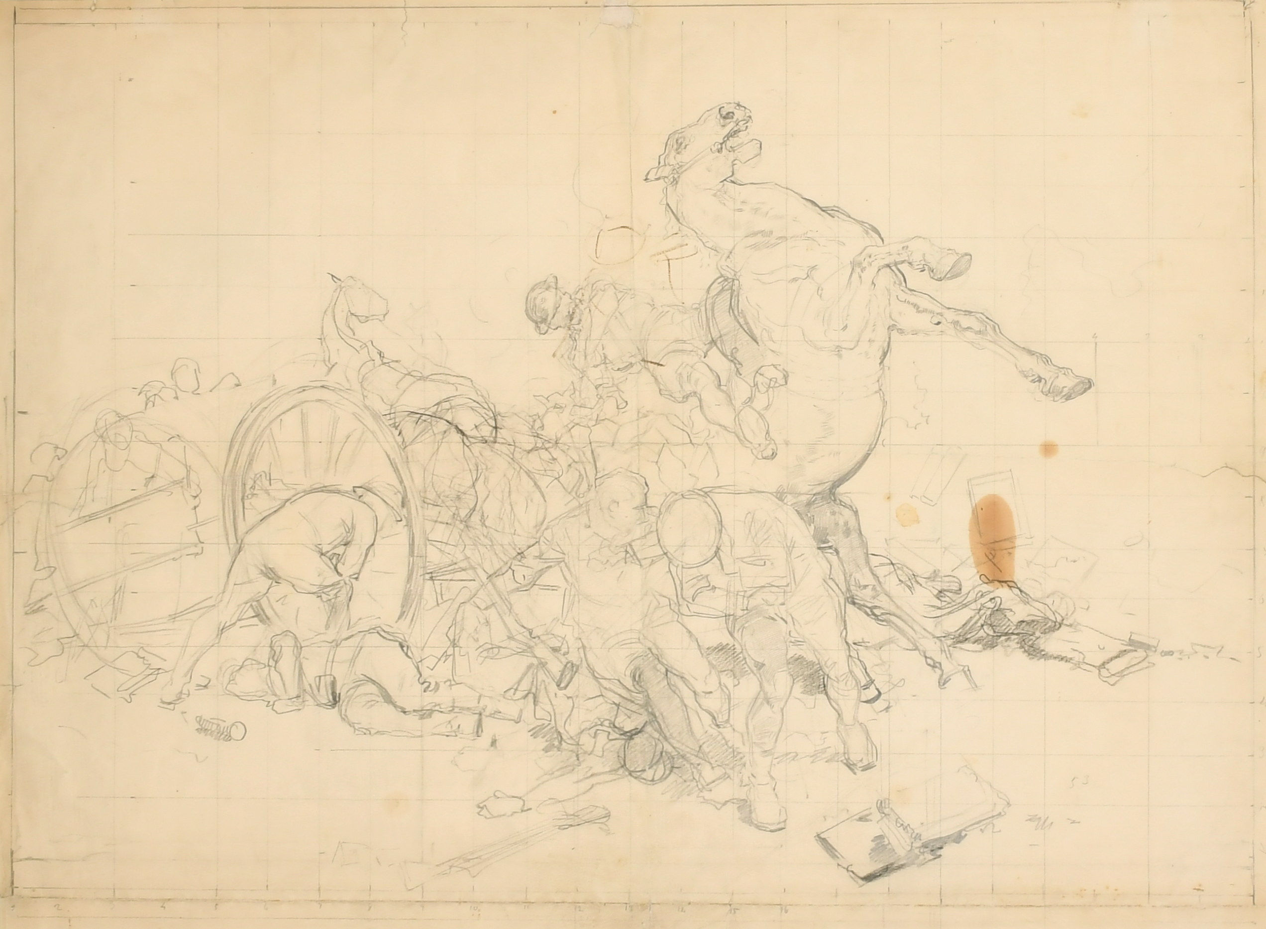 Fortunino Matania (1881-1963) Italian. "A Battery Shelled (a Study for War Memorial)", Pencil with