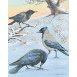 Donald Watson (1918-2005) British. Corvids in a Winter Landscape, Watercolour, Signed and Dated