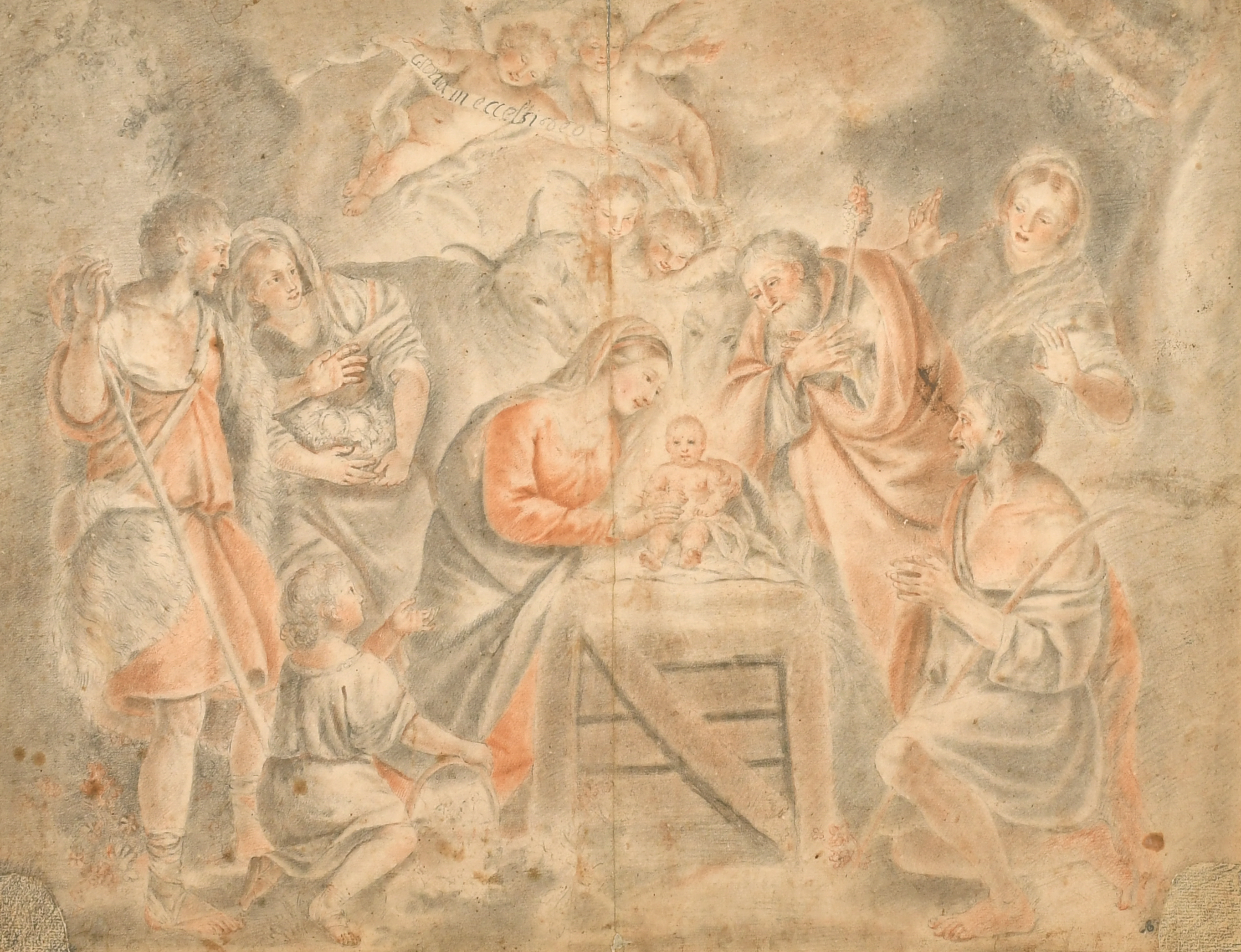 17th Century Italian School. Nativity Scene, Black and Red Chalk on joined paper, with Collector's