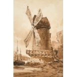 John Callow (1822-1878) British. "Windmill on the River, with a Thames Barge alongside", Sepia Wash,